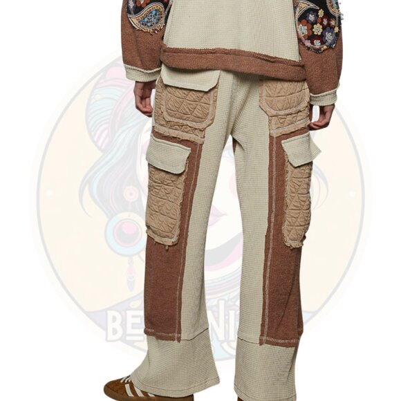 P102 POL Oat/ Chocolate Floral Knit Thermal Quilted Pants - Picture 3 of 3